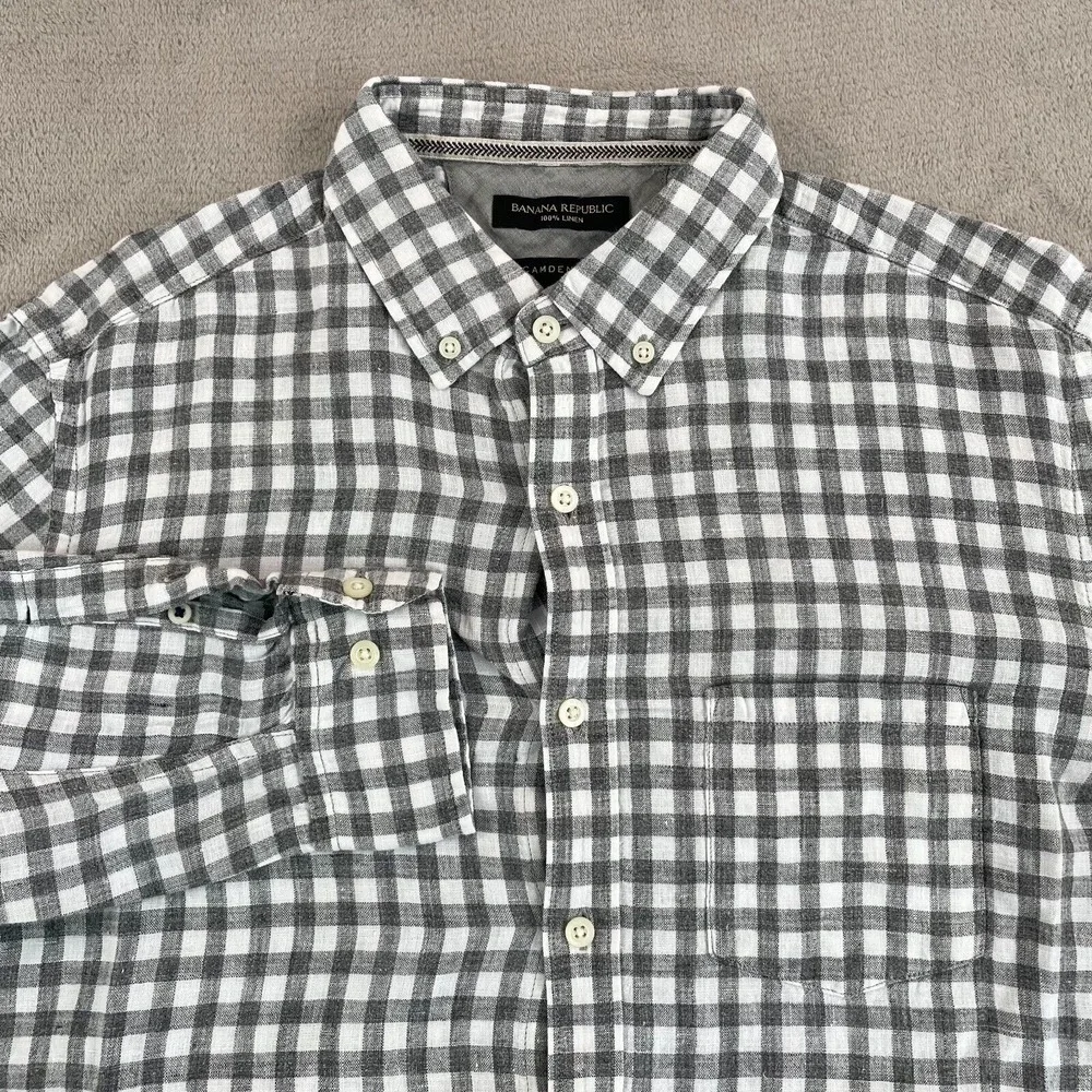 Banana Republic Shirt Men Medium Grey Check 100% Linen Camden‎ Fit Preppy LS